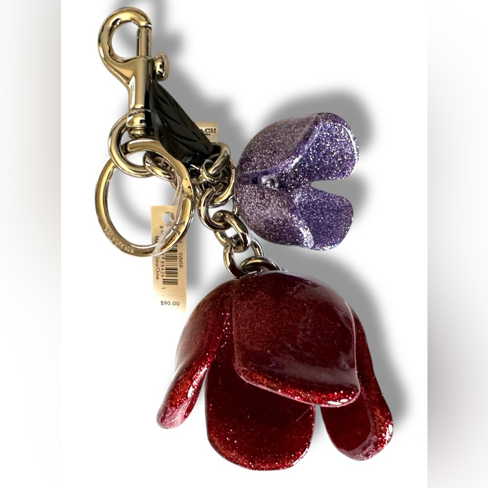 Coach Glitter Resin Tea Rose Bag Charm Style F58514 Red & Purple Flower Keychain - Picture 2 of 3